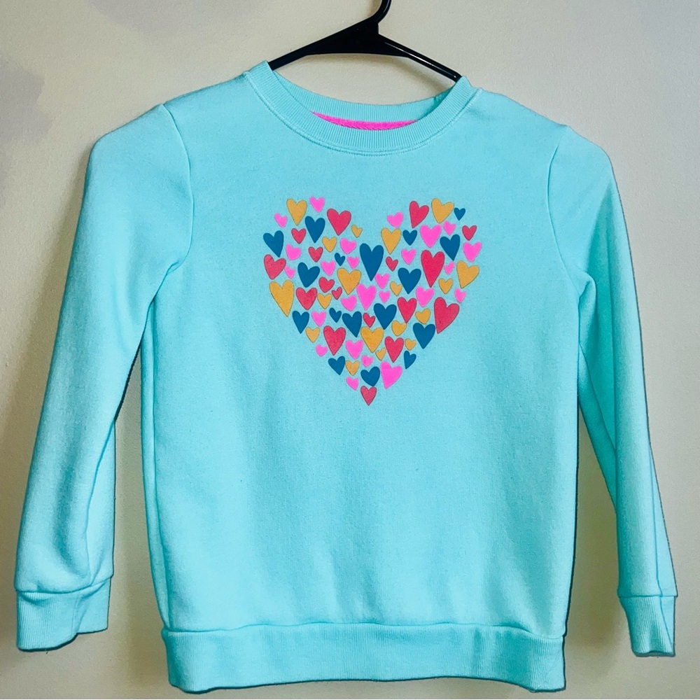 Cat & Jack Girls Small 6/7 Aqua Blue Pullover Crewneck Sweatshirt Hearts